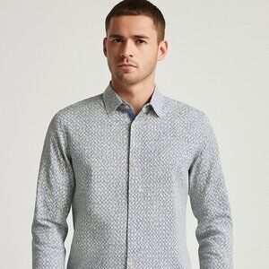 Ted Baker London Button Up Shirt Size 3 (M) White Blue Geometric Long Sleeve